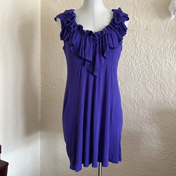 BCBG Max Azria Persian Blue Purple Ruffle Neck Knit Dress Y2k 2000s Medium - Picture 3 of 12